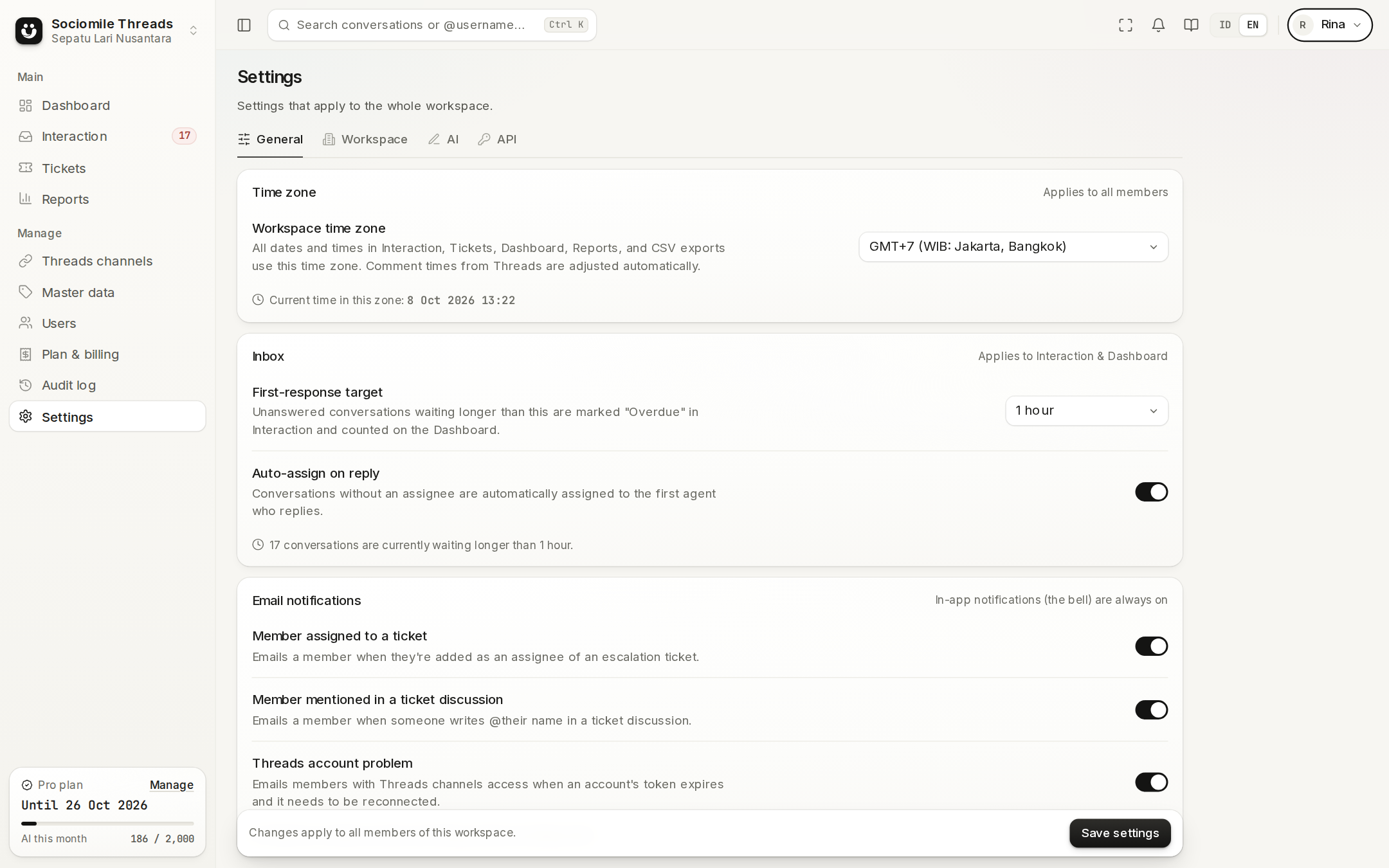 Settings → General: first-response target, auto-assign, and email notifications
