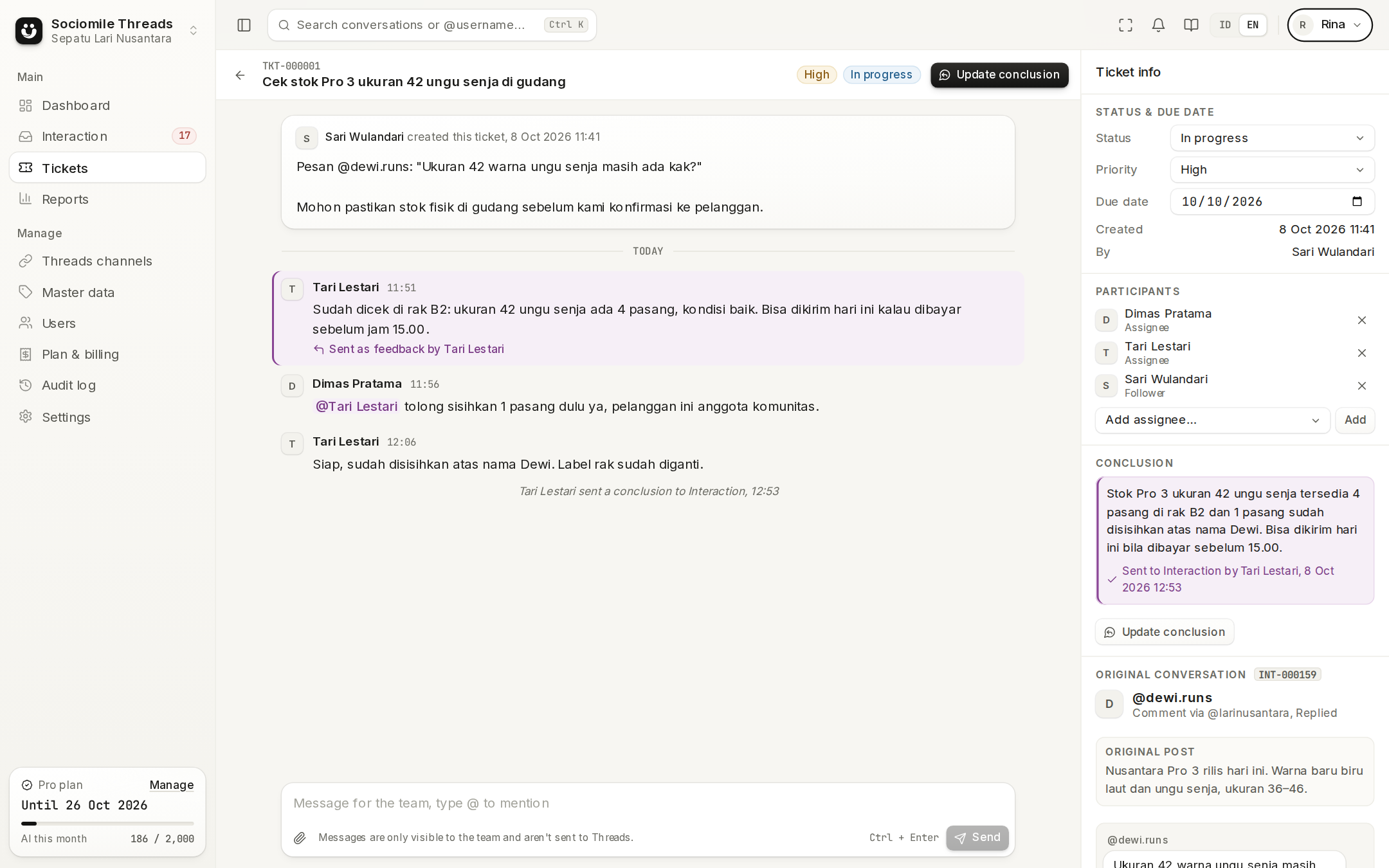 Escalation ticket discussion with ticket info and the original conversation in the side panel