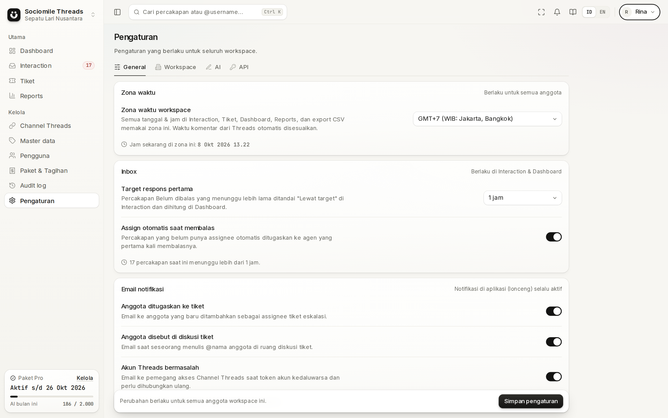 Pengaturan → General: target respons pertama, assign otomatis, dan email notifikasi